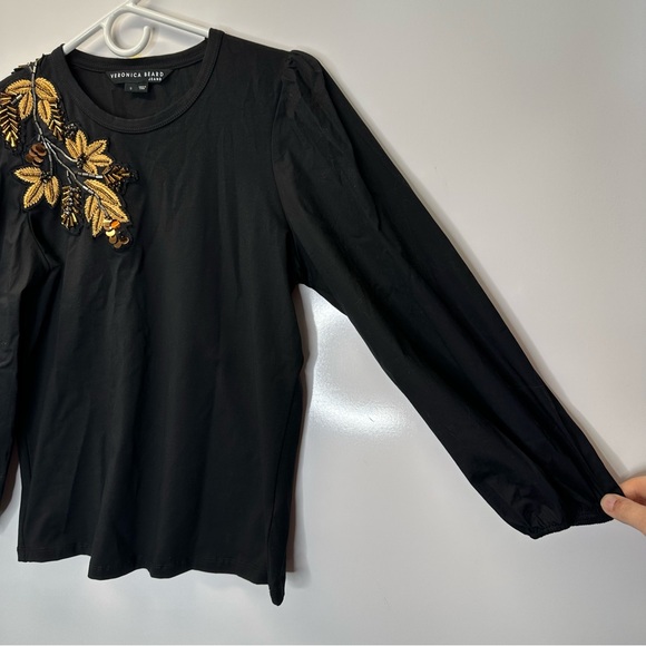 VERONICA BEARD franchi embellished applique top in black puff sleeve size small - Picture 6 of 12